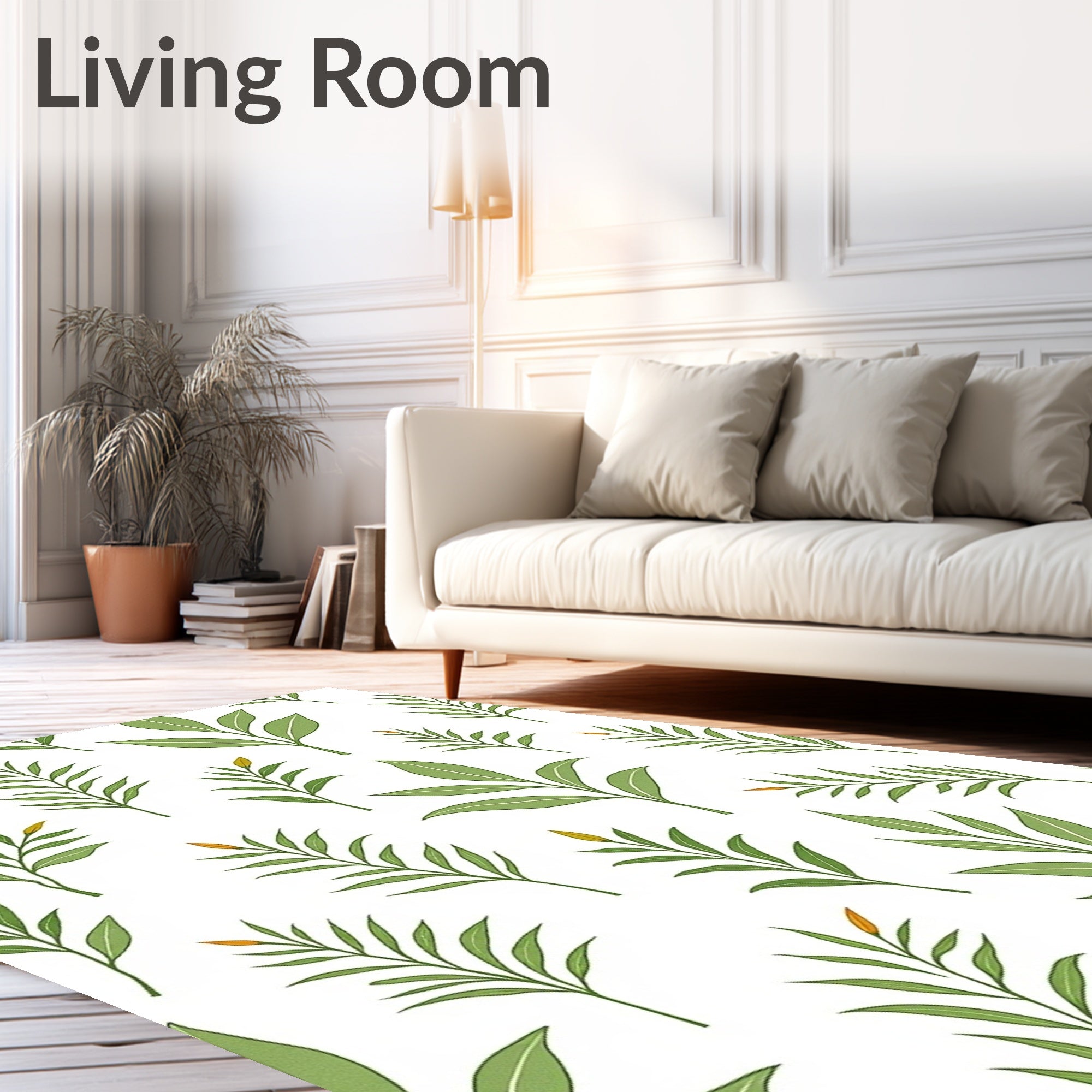 Botanical Leaf Print Fluffy Machine Clean Safety Base (White) - ODIKA