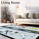 Airfield Runway Play Area Rug Featuring Airplanes And Control Towers(Gray)