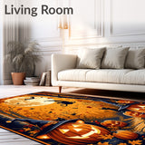 Halloween Gnome Pumpkin Cat Area Rug with Whimsical Spiderweb Accents(Orange)