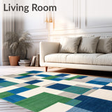 Abstract Geometric Area with Blue Green and Beige Patchwork Plaid Motif(Blue)
