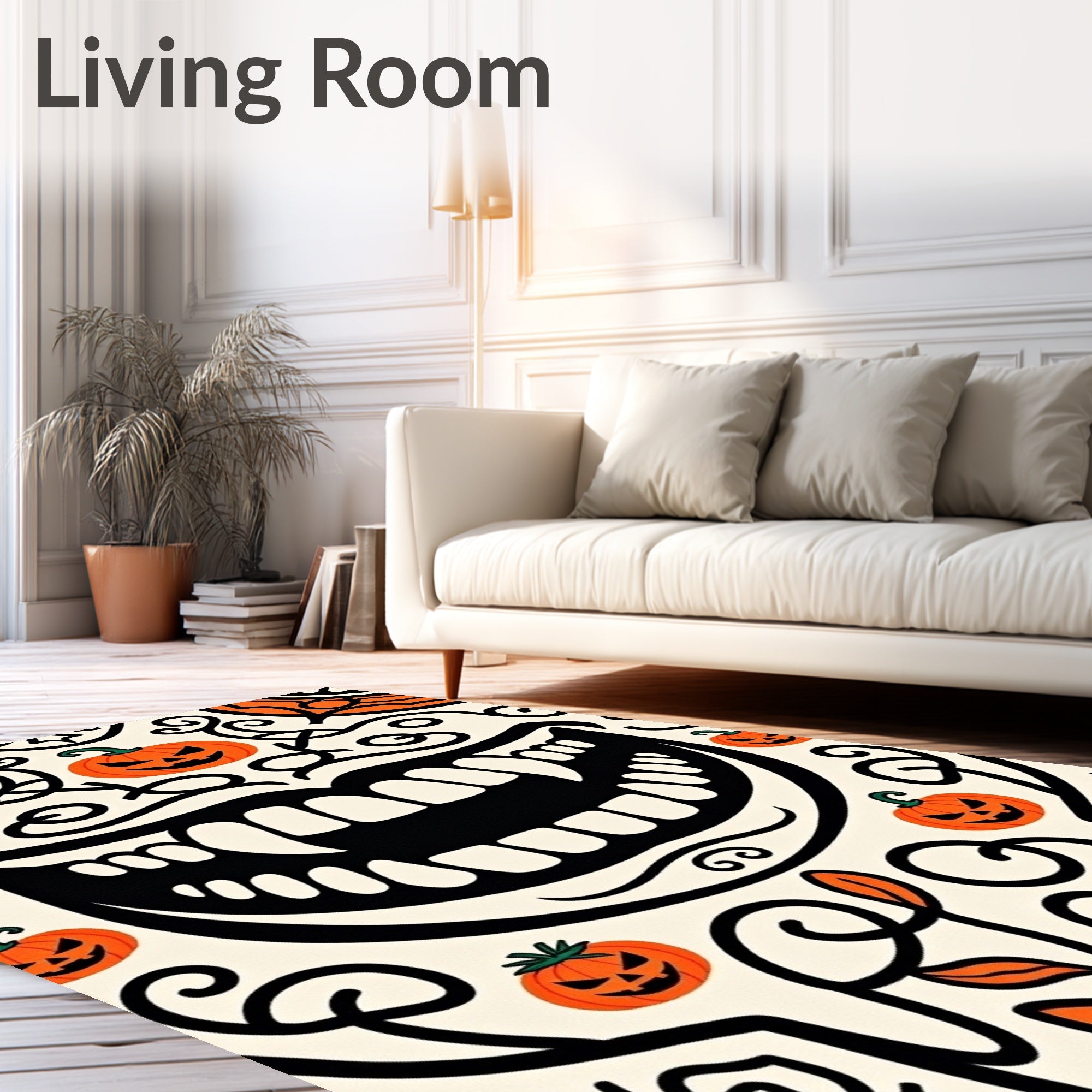 Haunted Skeleton Grin with Gothic Swirls and Festive Pumpkin Accents(Black) - ODIKA