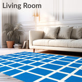 Contemporary Blue Checkered Rug Featuring Crisp Off White Grid Lines(Blue)