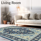 Coastal Floral Medallion Area Navy Beige Easy Care(Blue)