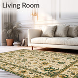 Elegant Beige Area with Intricate Floral Motifs and Green Accents(Beige)