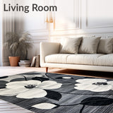 Contemporary Black and Grey Floral Silhouette Rug with Artistic Detailing(White)