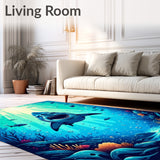 Underwater Adventure Shark Area Rug with Bold Jaws and Ocean Waves(Blue)