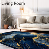 Geometric Blue and Gold Area Rug Featuring Marble Inspired Swirl Motifs(Blue)