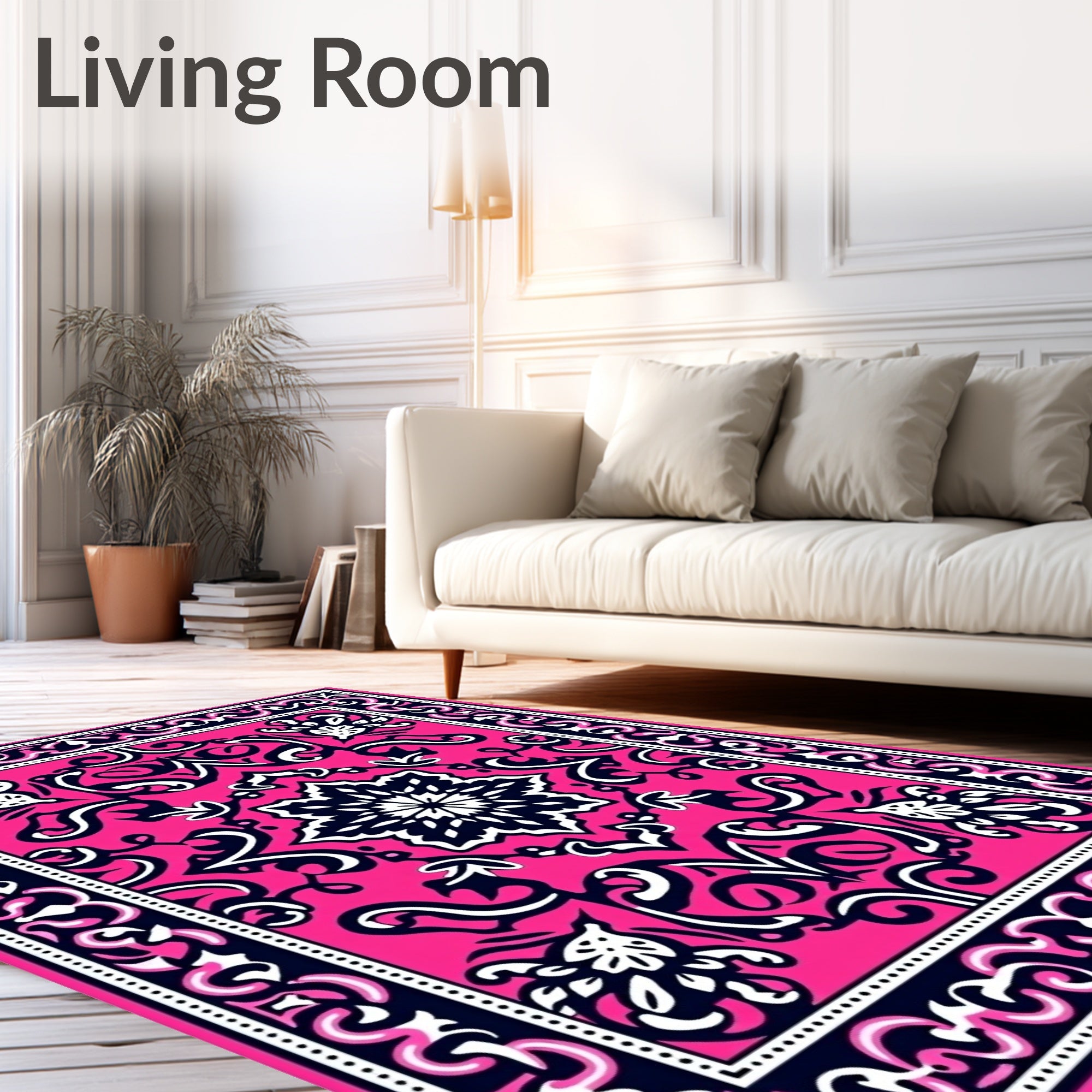Stylized Floral Swirls Interwoven with Curved Vines and Leaf Motifs (Pink) - ODIKA