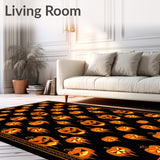 Dark Harvest Halloween Bath Rug Featuring Pumpkin Skull Faces and Creepy Glyphs(Black)