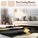 Modern Abstract Black and Gold Area Rug with Fluid Geometric Swirls and Accents(Black)