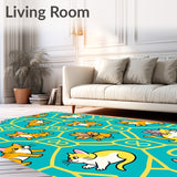 Cartoon Animal Friends Frolic with Interlocking Fishbone Motifs(Teal)