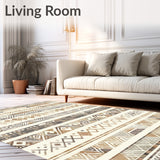 Artisan Inspired Tan Area Rug with Layered Geometric Bands and Boho Line Art(Beige)