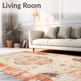 Beige Brown Vintage Medallion Distressed Retro Floor(Beige)