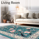 Floral Teal Door Rug with Cherry Blossom Branch Pattern and Decorative Accents(Blue)