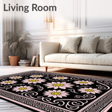 Meadow Bloom Trellis Motif with Stylized Petals and Interlocking Vines(Black)