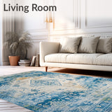 Distressed Vintage Abstract Geometric Area in Blue and Beige(Blue)