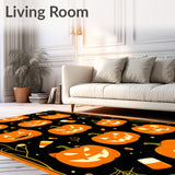 Haunted Pumpkin Patch Rug With Grinning Jack O Lanterns And Spooky Cat Shadows(Black)