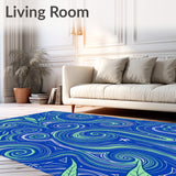 Curvilinear Wave Design Accented by Leafy Botanical (Blue)