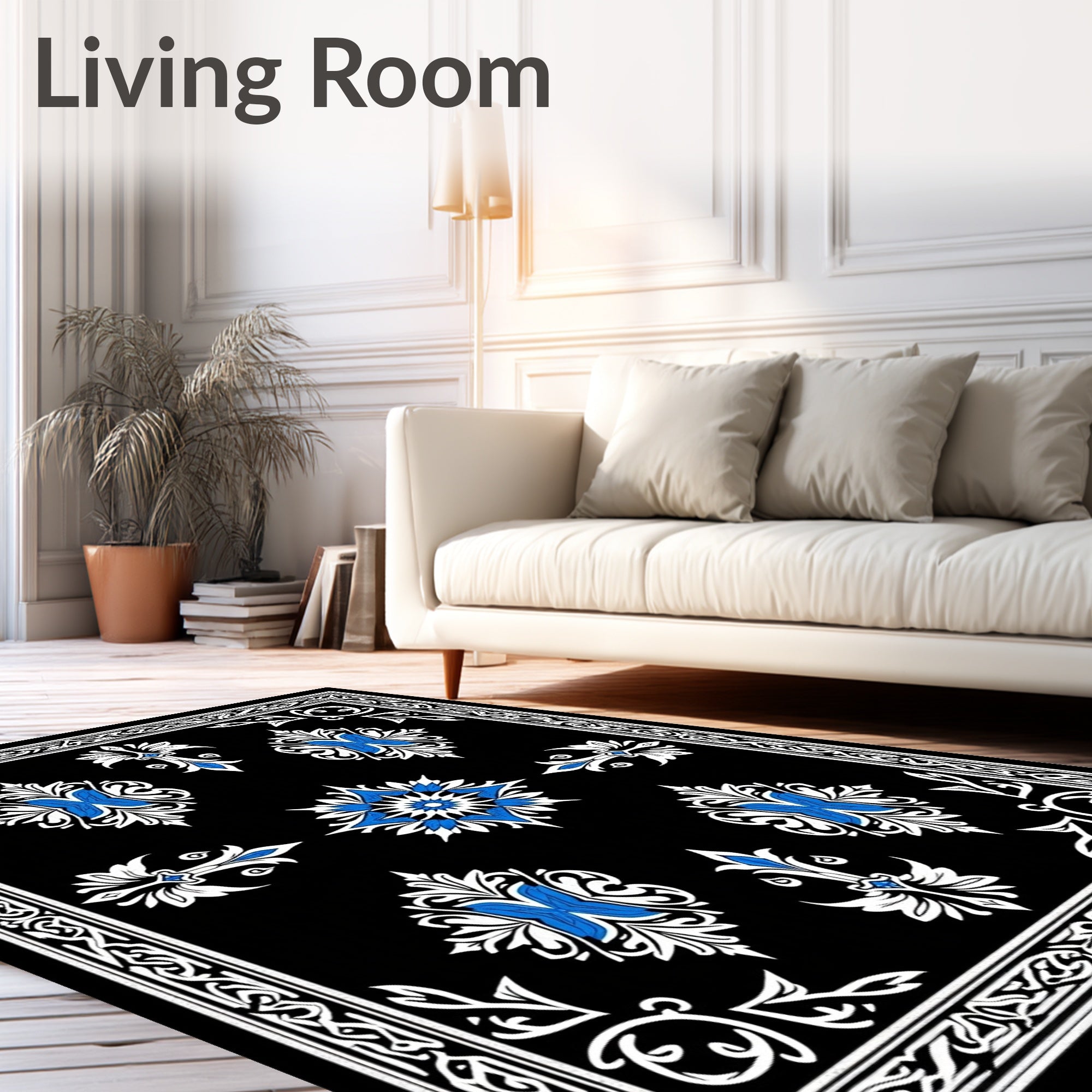 Damask Floral Motif Anti Slip Interior Floor Covering (Black) - ODIKA