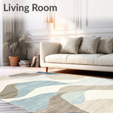 Modern Wavy Abstract Area Featuring Beige Cream and Muted Blue Swirls(Beige)