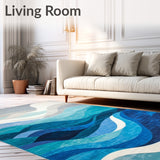 Coastal Blue Wave Abstract Area Rug Modern Artistic Funky Ocean Current Carpet(Blue)