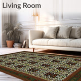 Deep Brown and Olive Green Abstract with Floral Geometric Designs(Green)