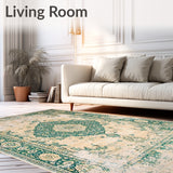 Beige Green Distressed Medallion Durable Non Shedding(Beige)