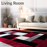 Artisan Carved Rug Premium Garnet Silver Noir Abstract Geometric Design(Red)