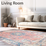 Distressed Floral Medallion Area Rug with Vintage Fade and Pastel Tones(Pink)
