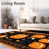 Wicked Halloween Pumpkin Runner Rug with Sinister Black Cat and Moon Motifs(Black)