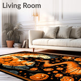 Vintage Gothic Pumpkin Rug with Haunted Silhouettes(Black)