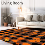 Autumn Harvest Plaid Area Rug Festive Fall Doormat with Pumpkin & Leaves Design(Black)