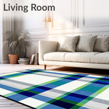 Asymmetric Blue Green and Beige Plaid Featuring Bold Linear(Blue)