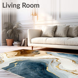 Artistic Brown Grey and Blue Marble Swirl Rug with Contemporary Abstract Design(Beige)