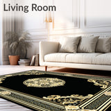 Machine Washable Area Rug Black Gold Medallion Rug(Black)
