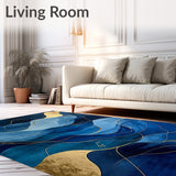 Contemporary Abstract Area Rug with Blue Waves and Gold Veins Pattern(Blue)
