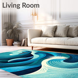 Artistic Shark Themed Carpet with Geometric Ocean Elements and Waves(Blue)