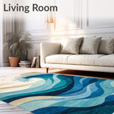 Chromatic Ocean Wave Area Dynamic Abstract Flow in Blue and Sandy Beige(Blue)