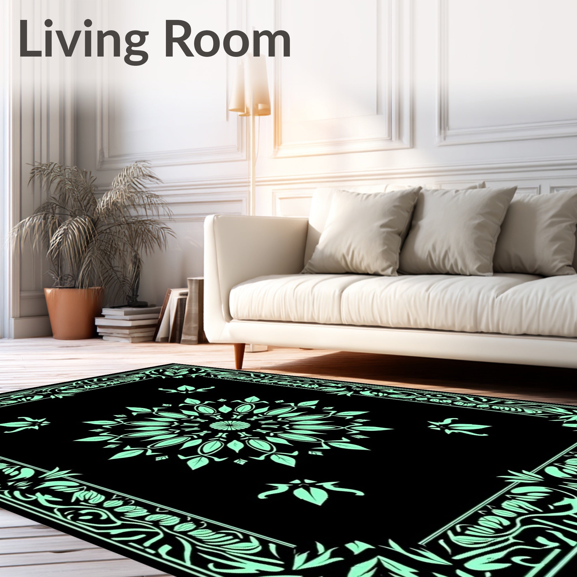 Botanical Leaf Medallion with Intricate Vine Border Design (Black) - ODIKA