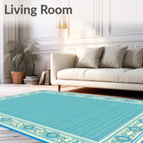 Azure & Ecru Area Decorative Border Blue Beige Entryway(Blue)