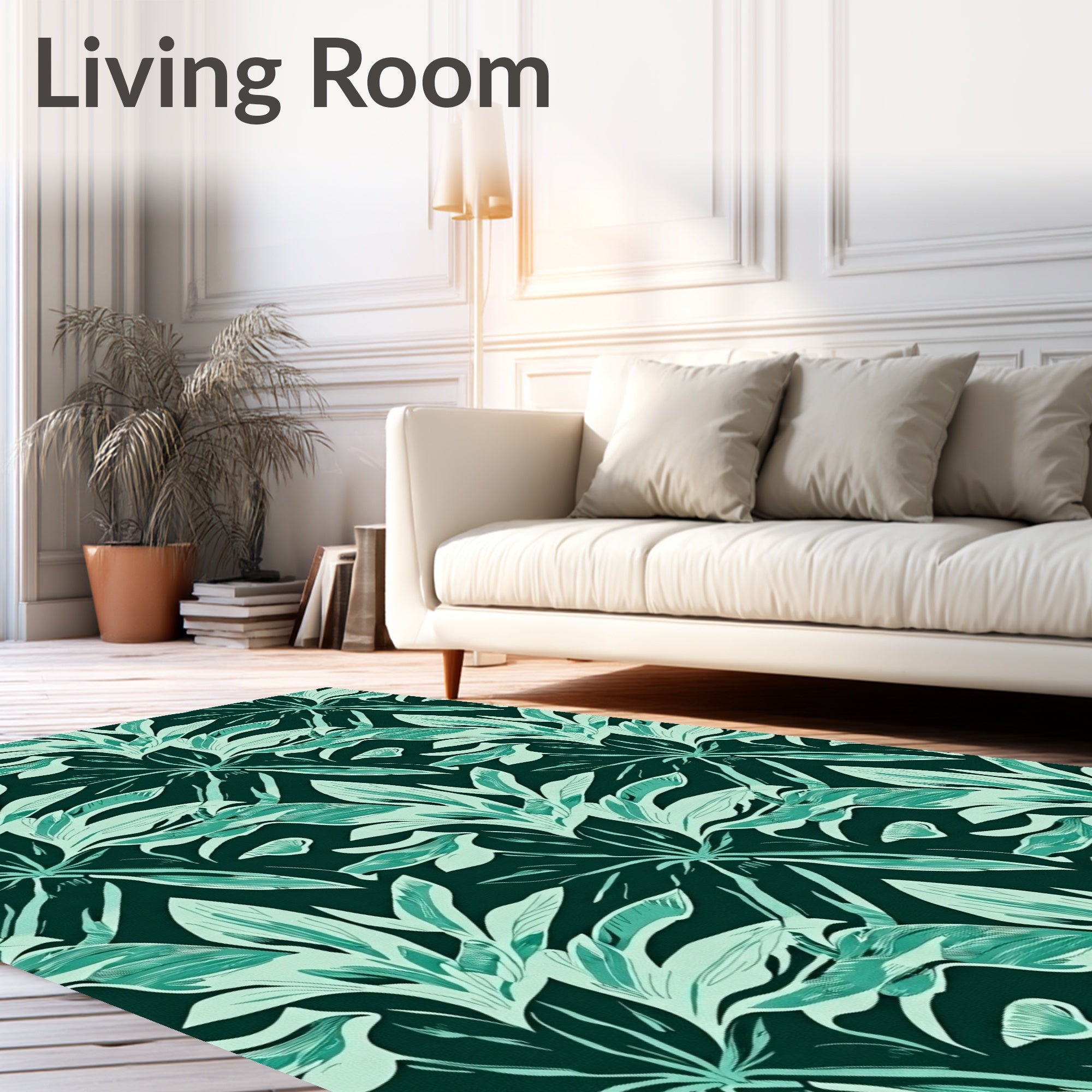 Botanical Leaf Print Fuzzy Floor with Nature Inspired Details (Green) - ODIKA