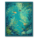 Washable Teal Underwater Botanical Fish Area Rug - Low Pile & Non-Slip