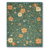 Teal Floral Vintage Area Rug with Orange Blooms