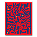 Red Maze Labyrinth Area Rug with Yellow Stars