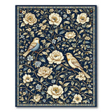 Navy Peony Blossom and Songbird Floral Rug