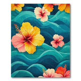 Washable Tropical Hibiscus Floral Area Rug - Teal Blue Ocean Wave, Low Pile & Non-Slip