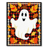 Buffalo Plaid Halloween Ghost Rug with Fall Leaves
