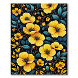 Vibrant Yellow Floral Teal Leaves Black Area Rug