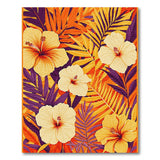 ODIKA Tropical Hibiscus Washable Area Rug - Orange & Yellow Palm Floral, Low Pile Non-Slip