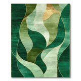 Washable Emerald Green and Gold Abstract Wavy Area Rug, Low Pile Non-Slip